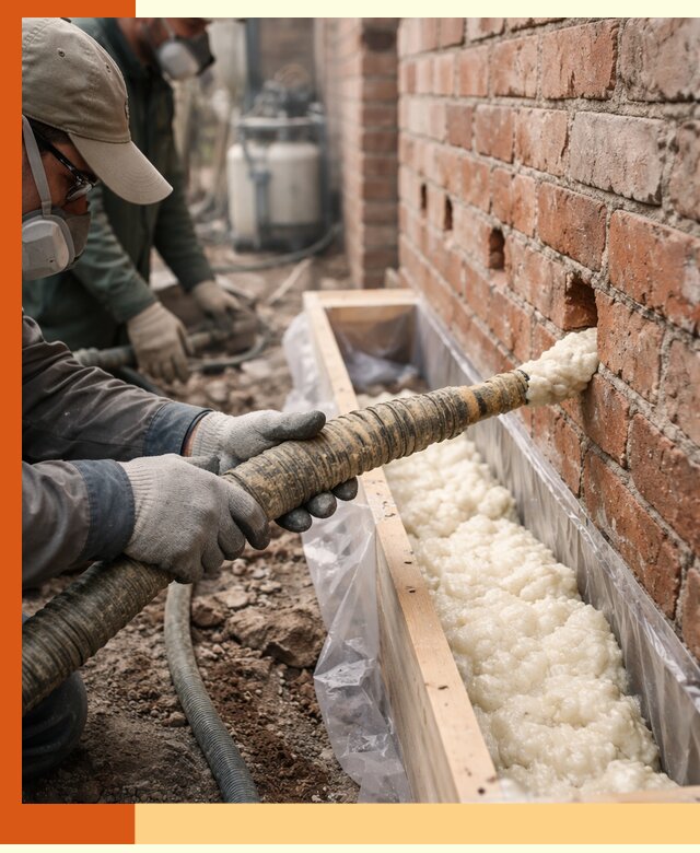 Заливка ППУ в пустоты кирпичной стены в Назарово